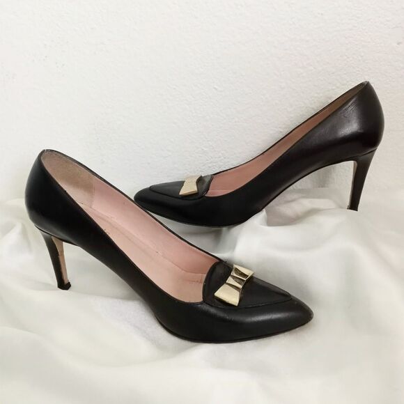 Kate Spade Gold Bow Black Leather Pumps High Heels Pointed Toe Embellished 7 B